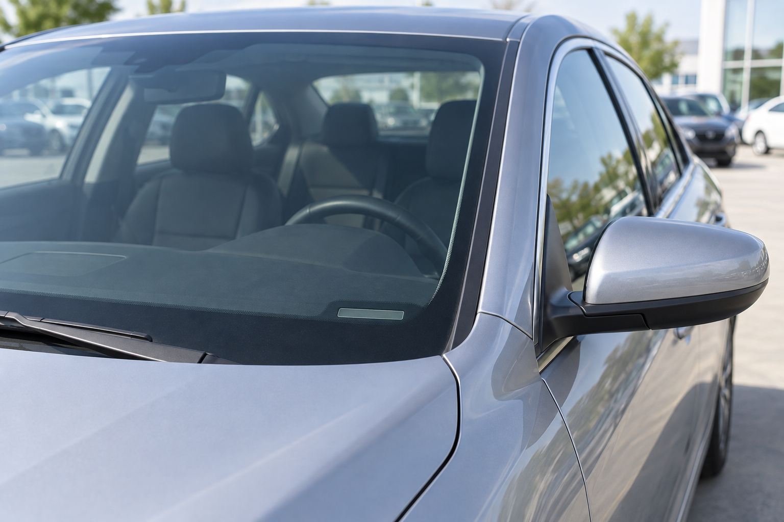 Front-left view of a vehicle showing the lower-left windshield area